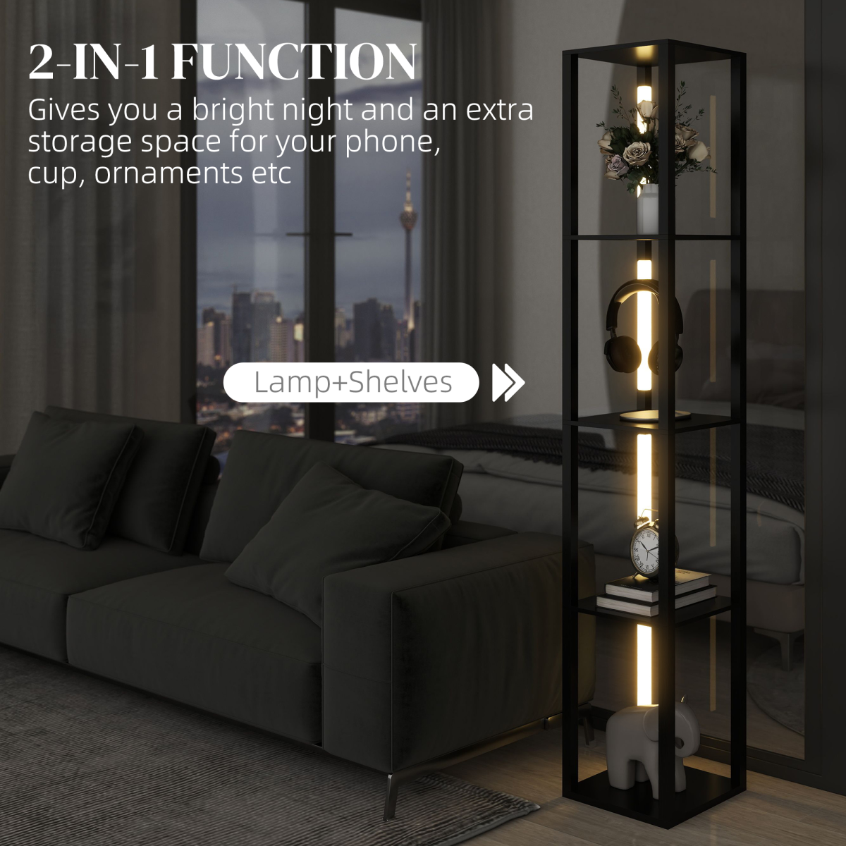 HOMCOM Black Floor Lamp with 4-Tier Shelf, Foot Switch, 3 Brightness Levels