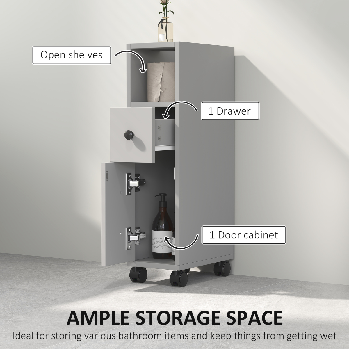 kleankin Slim Grey Bathroom Storage Cabinet with Wheels and Open Compartments