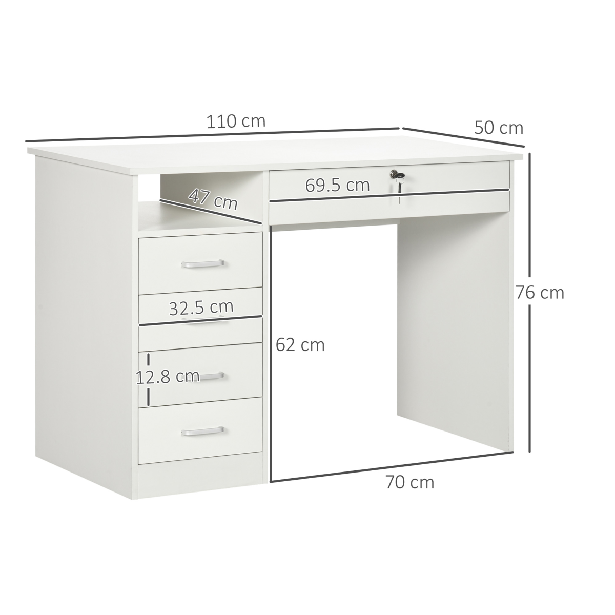 White Computer Desk with 5 Drawers and Locking Drawer