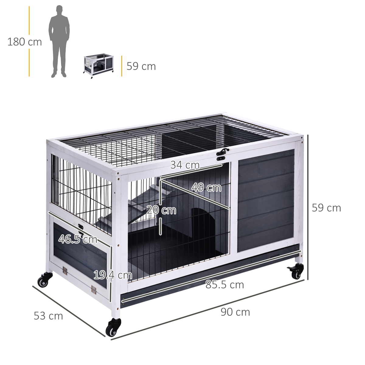Wood Indoor Rabbit Hutch, 2-Floor Elevated Cage with Wheels