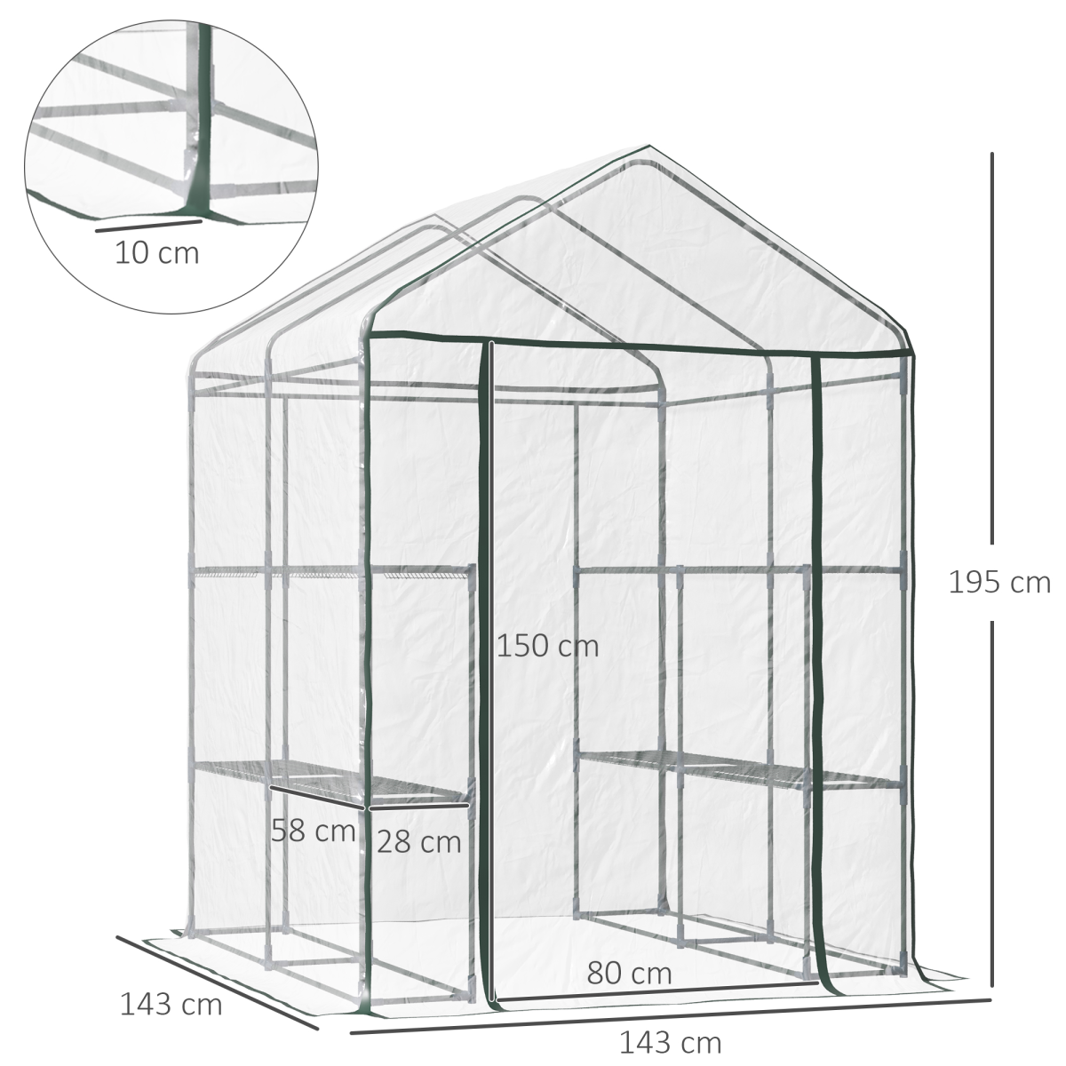 Outsunny Large Steel Frame Greenhouse with 2 Shelves, Clear PVC Cover, Zippered Door