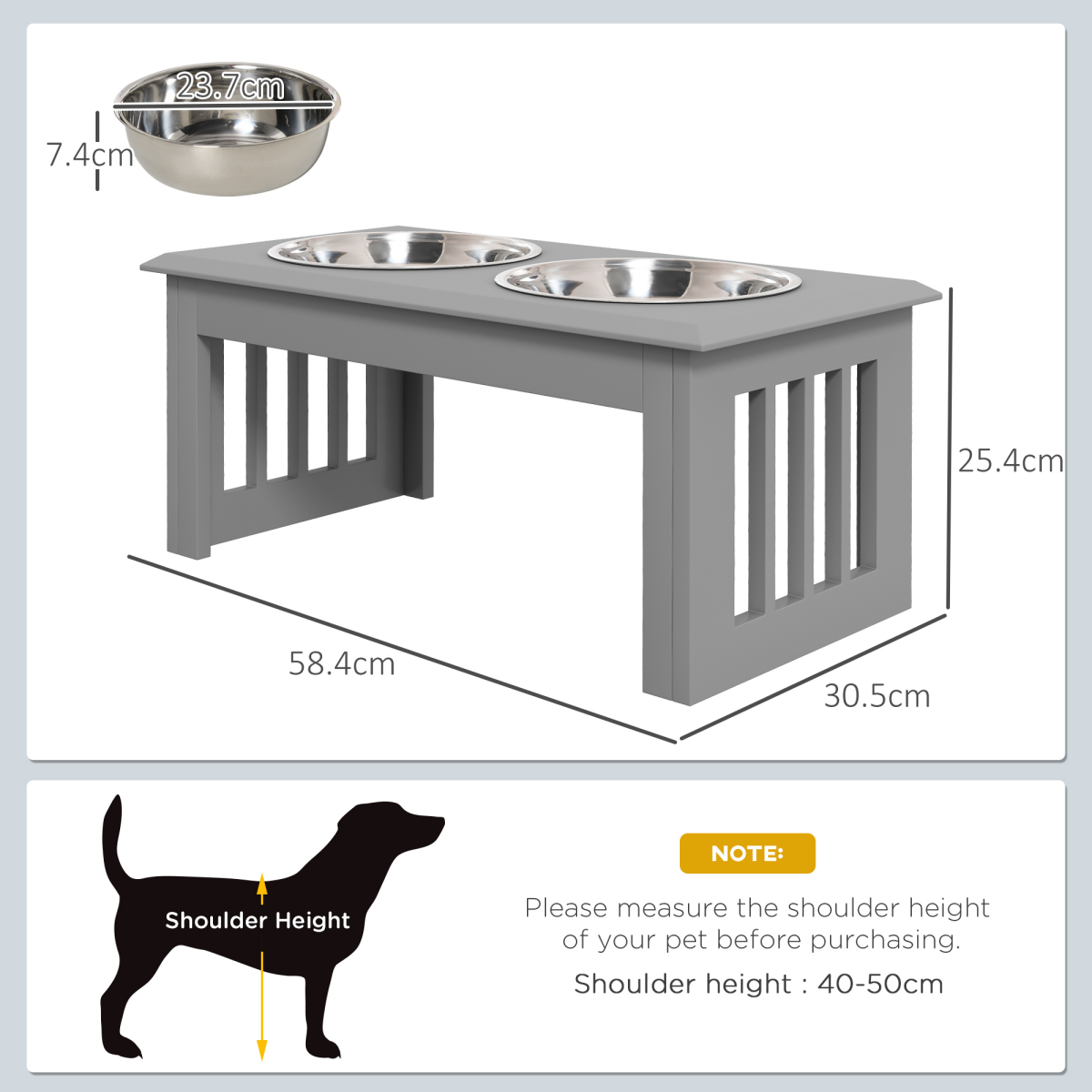 PawHut Elevated Pet Feeder with Stainless Steel Double Bowls, Grey