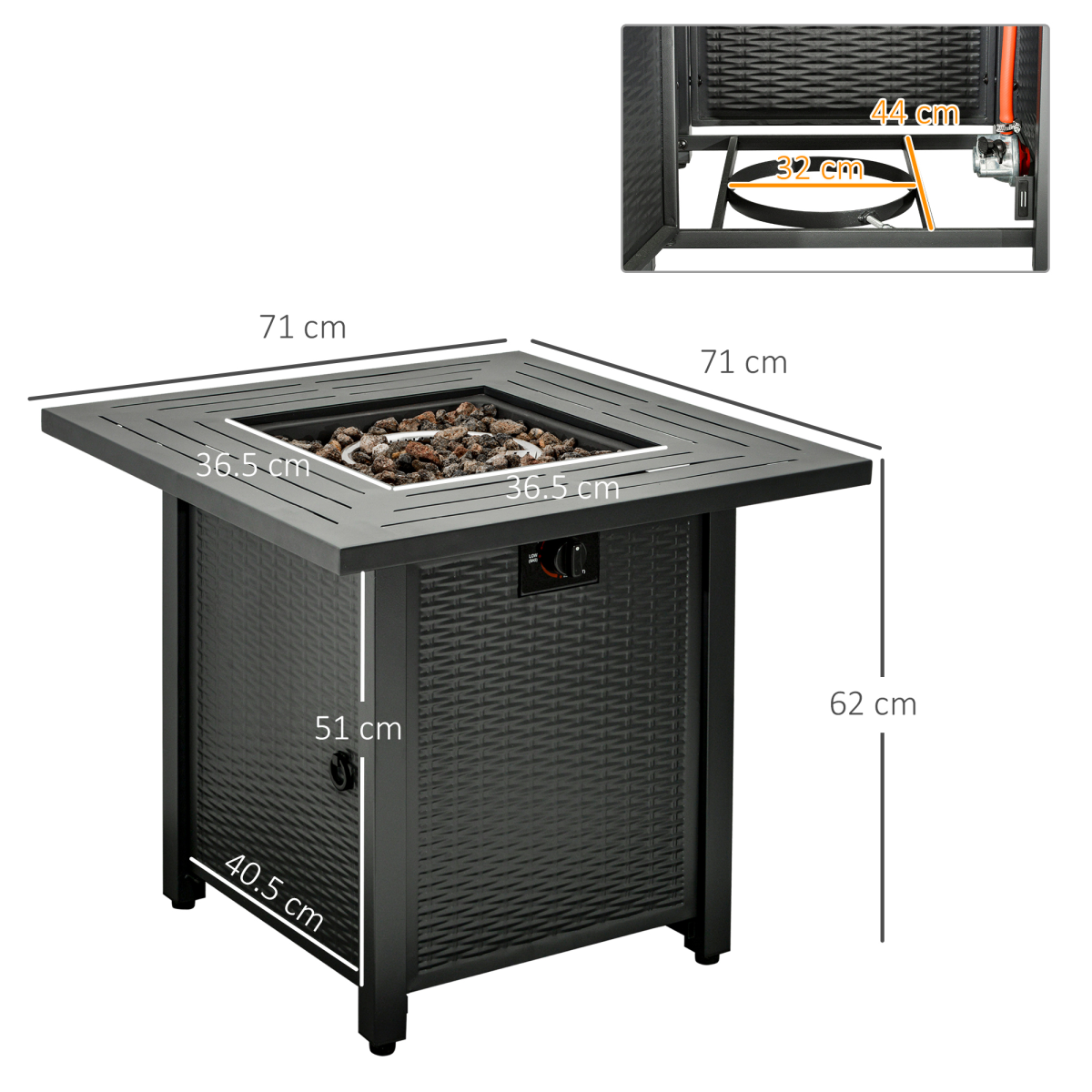 Outsunny Square Propane Gas Fire Pit Table, 40000 BTU Stainless Steel Burner, Pulse Ignition, Lava Rocks, Lid, Rattan Patio Heater