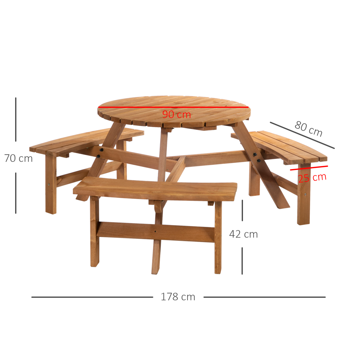 Outsunny Round Wooden Table with 3 Attached Benches and Umbrella Hole, Fir Wood, Outdoor Garden Use