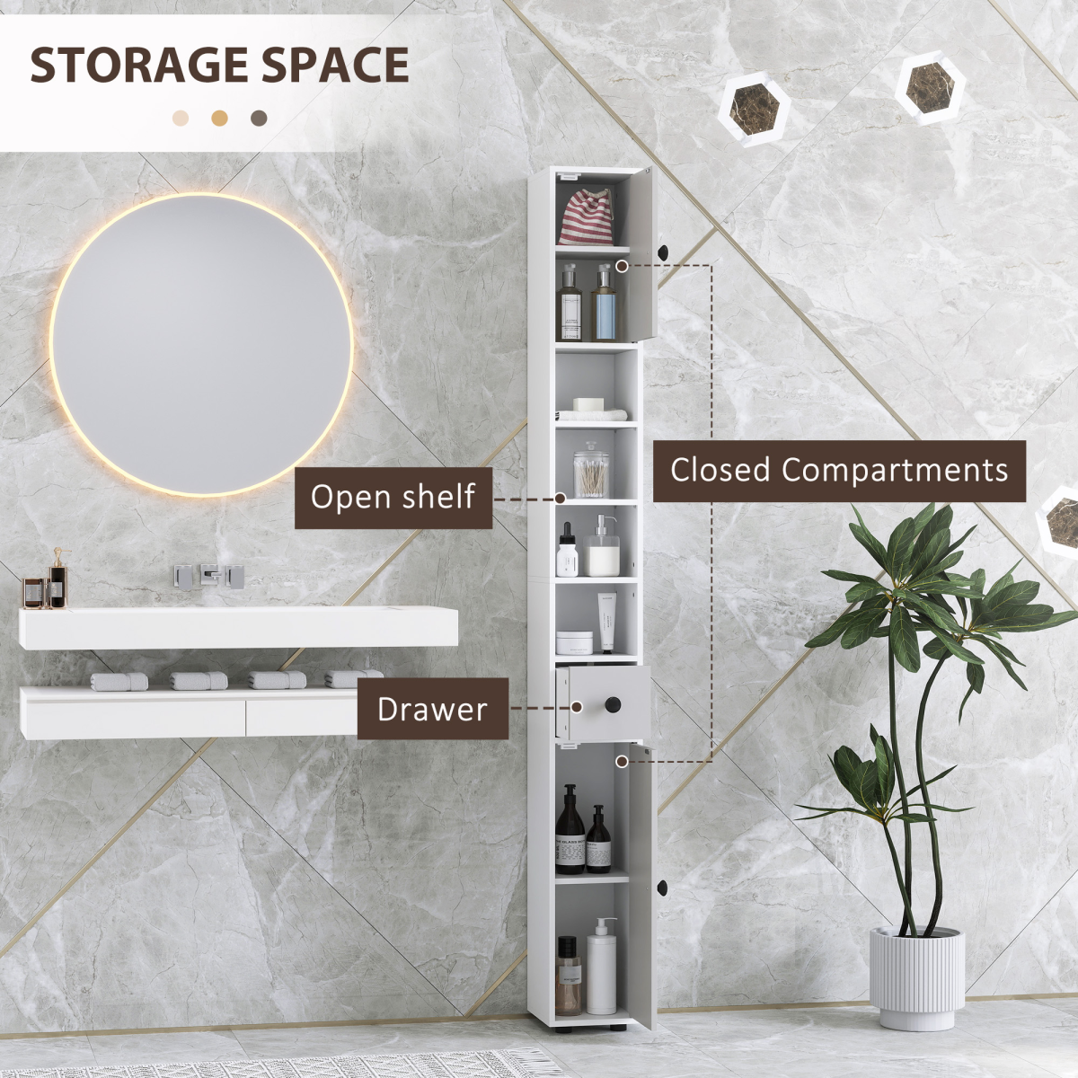 kleankin Slim Bathroom Storage Cabinet with Shelves, Light Grey