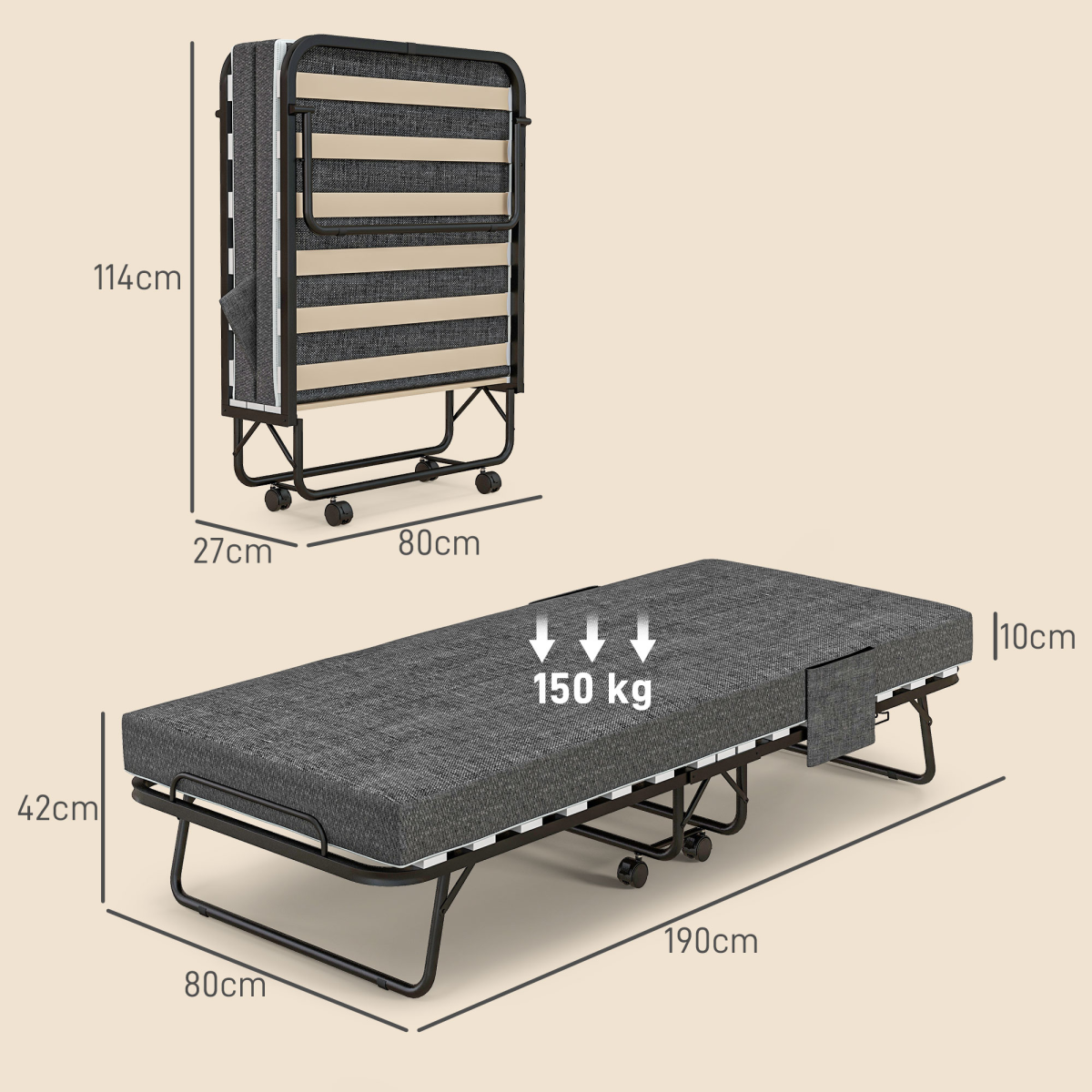 HOMCOM Foldable Guest Bed with Mattress, Lockable Wheels, Dark Grey