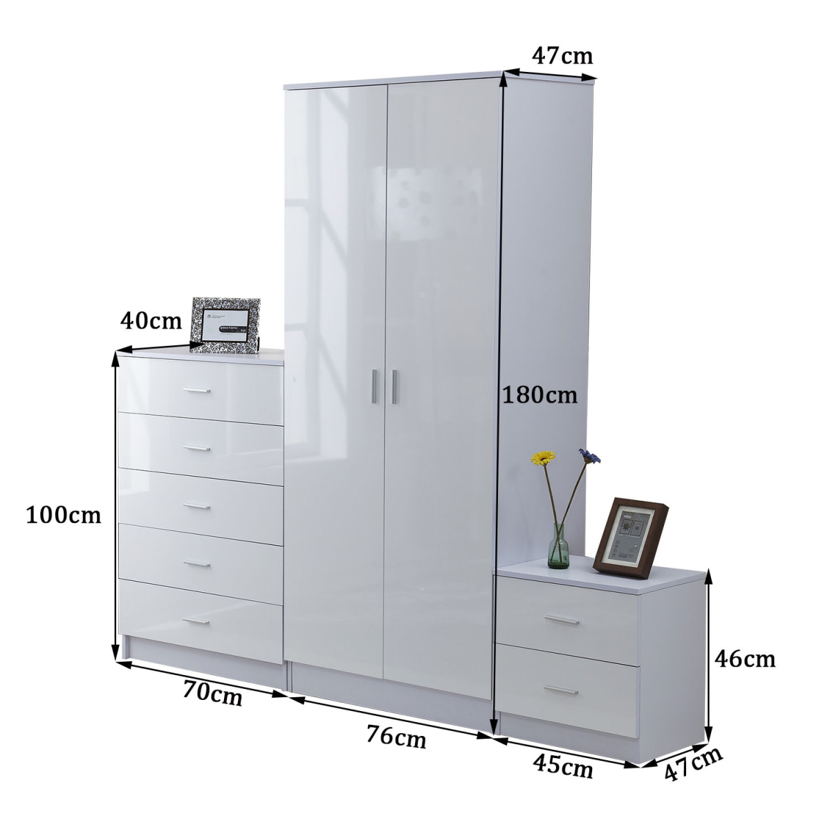 HOMCOM White High Gloss 3-Piece Bedroom Furniture Set with 2-Door Wardrobe, 5-Drawer Chest and 2-Drawer Bedside Table