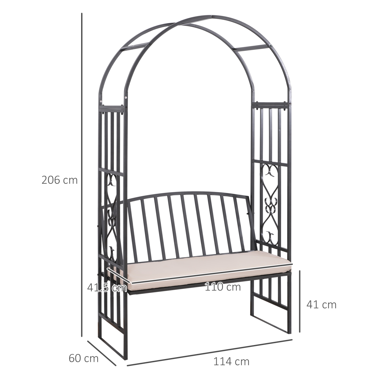 Outsunny Grey Metal Bench with Arch, 114 cm, Two-Seater
