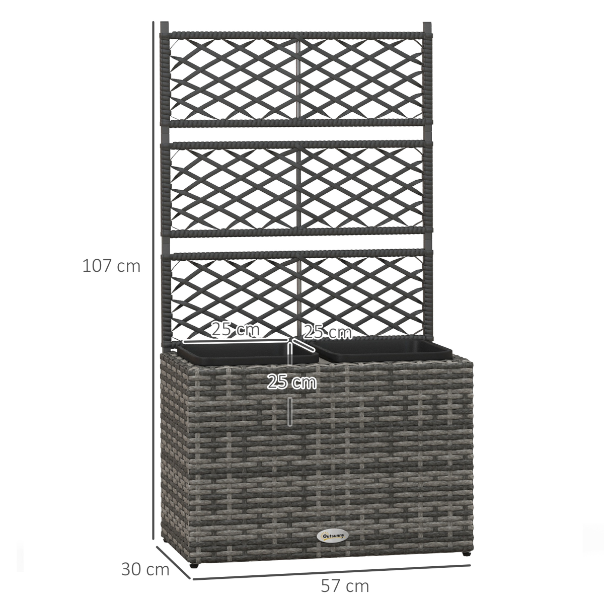 Outsunny Garden Raised Planter Box with Trellis, PE Rattan, 57 x 30 x 107 cm, Mixed Grey and Black