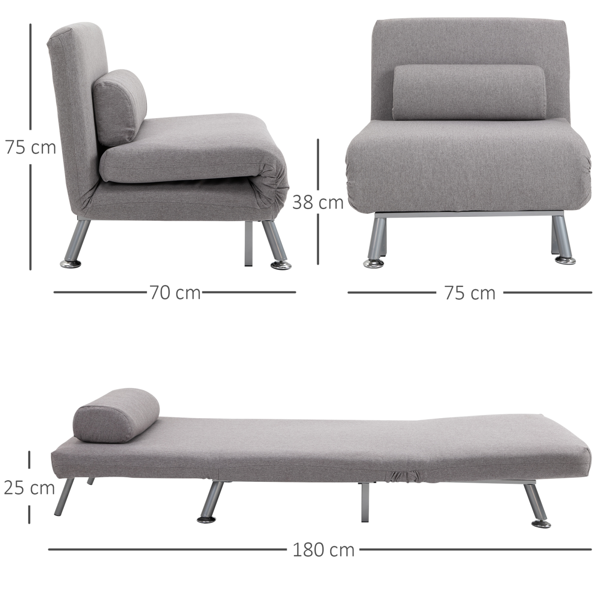 HOMCOM Grey Linen Upholstered Single Sofa Bed with Adjustable Back and Pillow