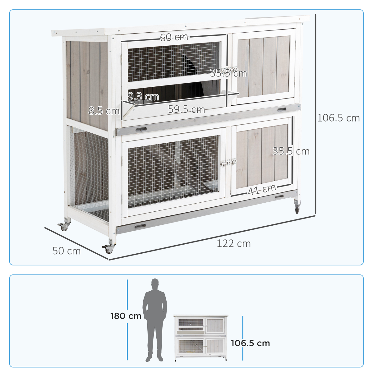 Two-Tier Wooden Rabbit Hutch with Wheels, Tray & Rain Cover