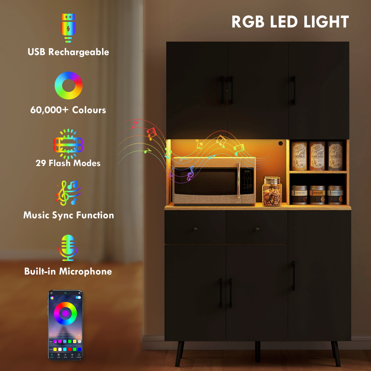 HOMCOM Tall Kitchen Cupboard with USB RGB LED Lights, Oak and Black