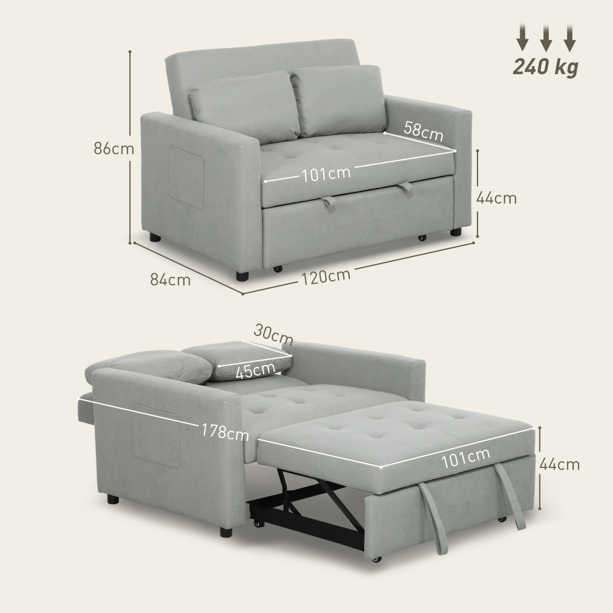 HOMCOM 2 Seater Click-Clack Sofa Bed with Cushions, Light Grey
