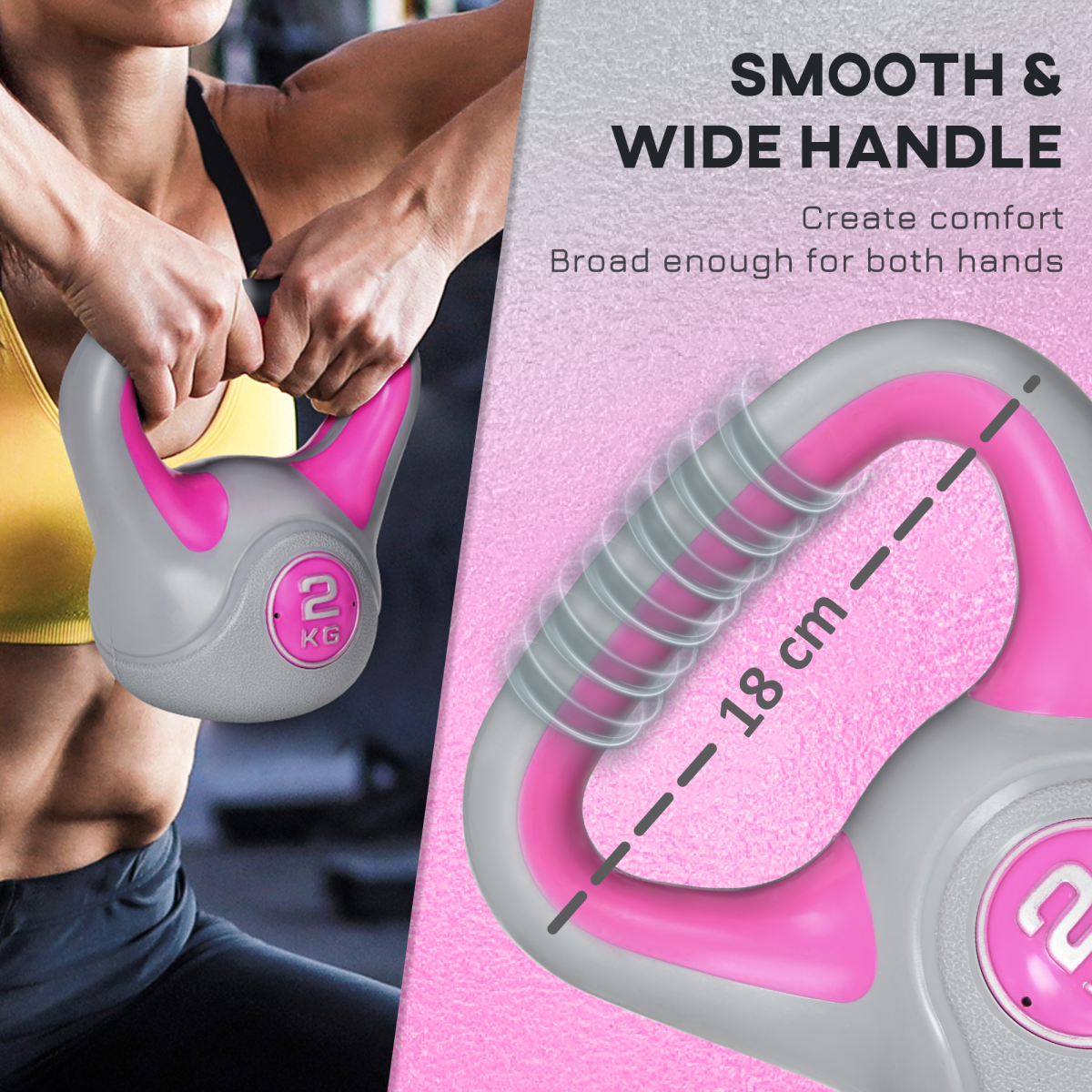 SPORTNOW 2kg Pink & Grey Kettlebell with Wide Handle for Home Gym