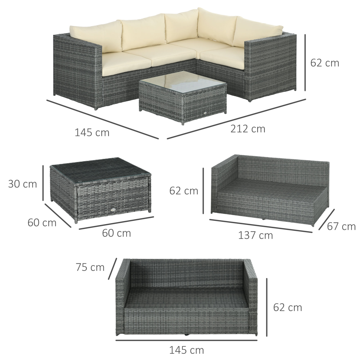 Outsunny 3-Piece Rattan Corner Sofa Set with Coffee Table and Cushions Garden Furniture