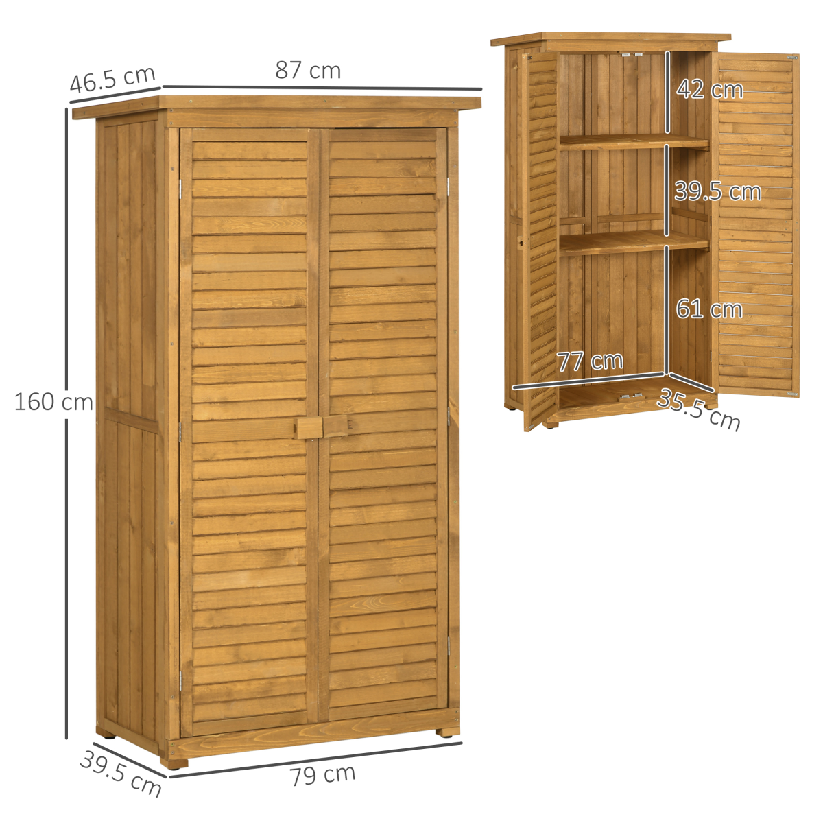 Outsunny Wooden Garden Storage Shed, Solid Fir Wood 3-Shelf Tool Cabinet with Double Doors and Lock
