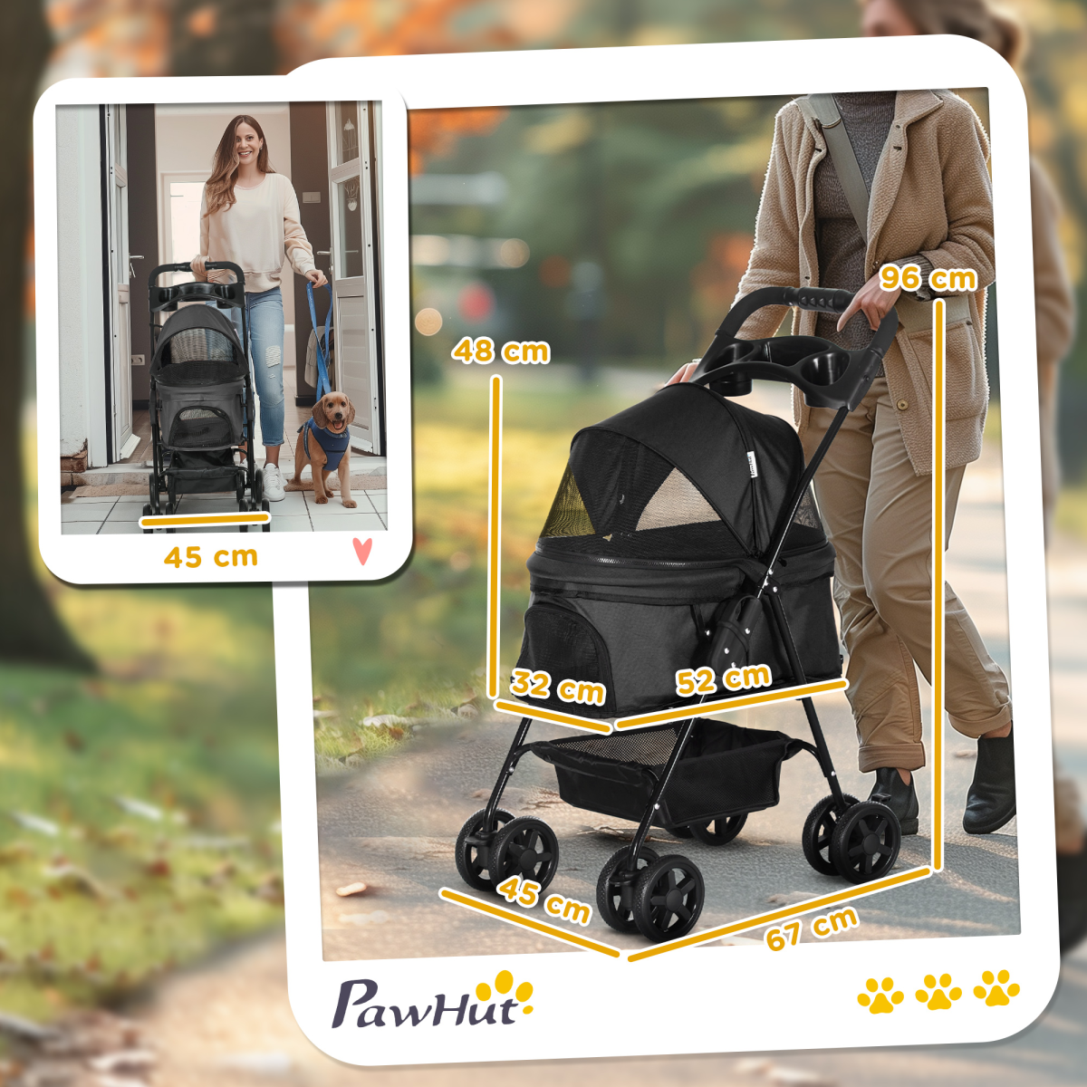 PawHut Foldable Pet Stroller with Brakes, Basket & Canopy, Black