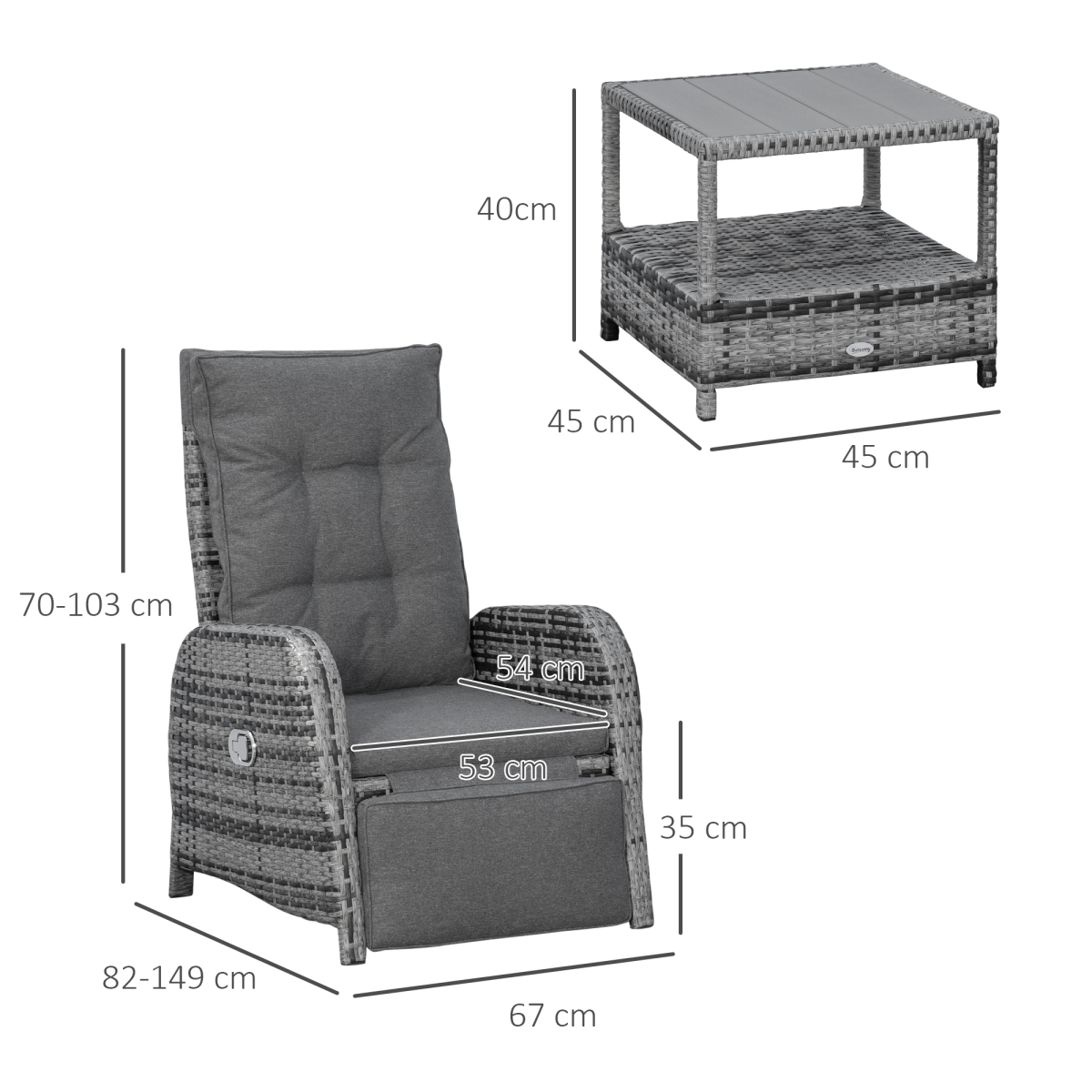 Outsunny 3-Piece Rattan Reclining Garden Lounge Set with Table