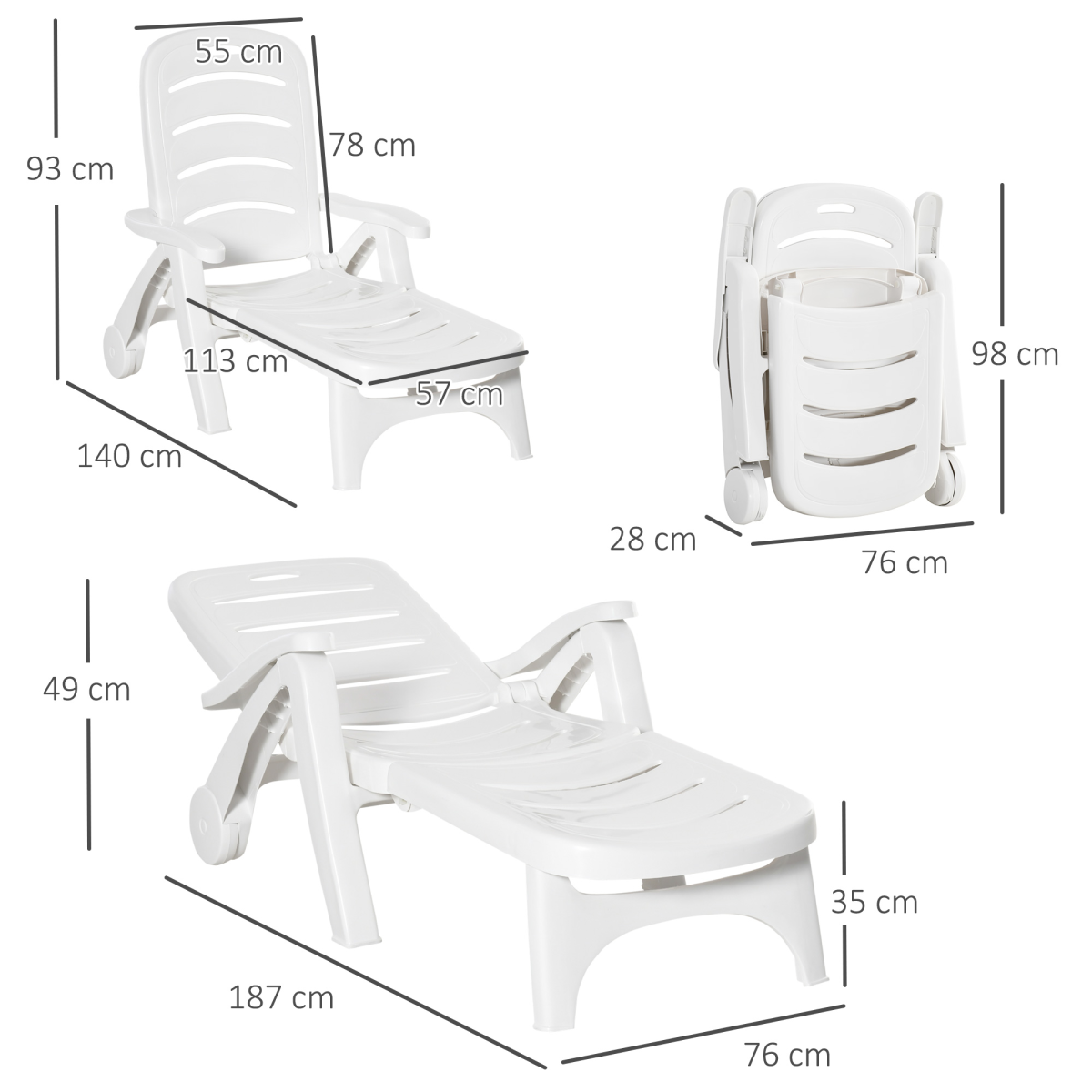 Outsunny Patio Folding Lounge Chair Recliner with Wheels and 5-Level Backrest