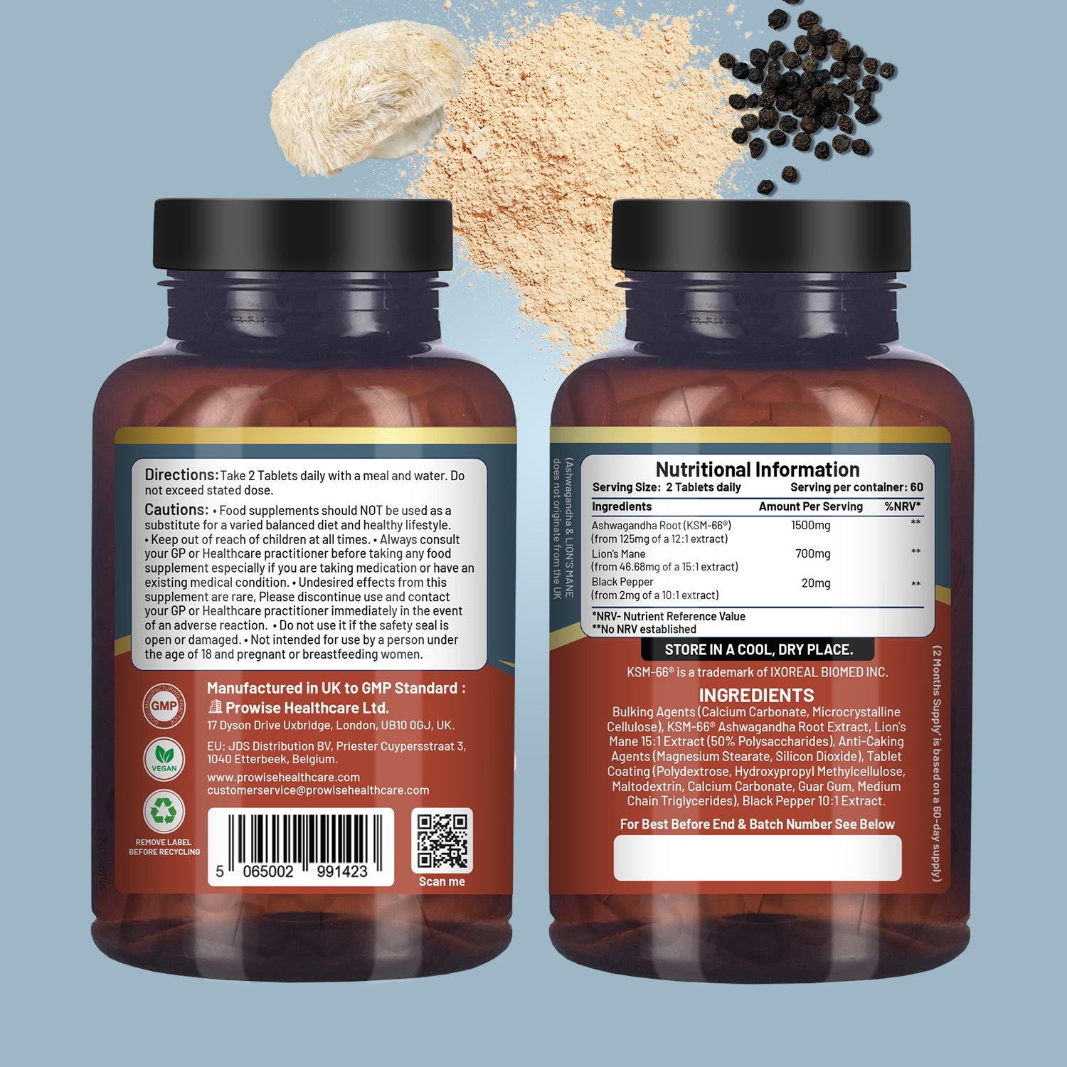 KSM-66 Ashwagandha and Lions Mane Tablets 2200mg, 120 Vegan Tablets with Black Pepper, UK Made