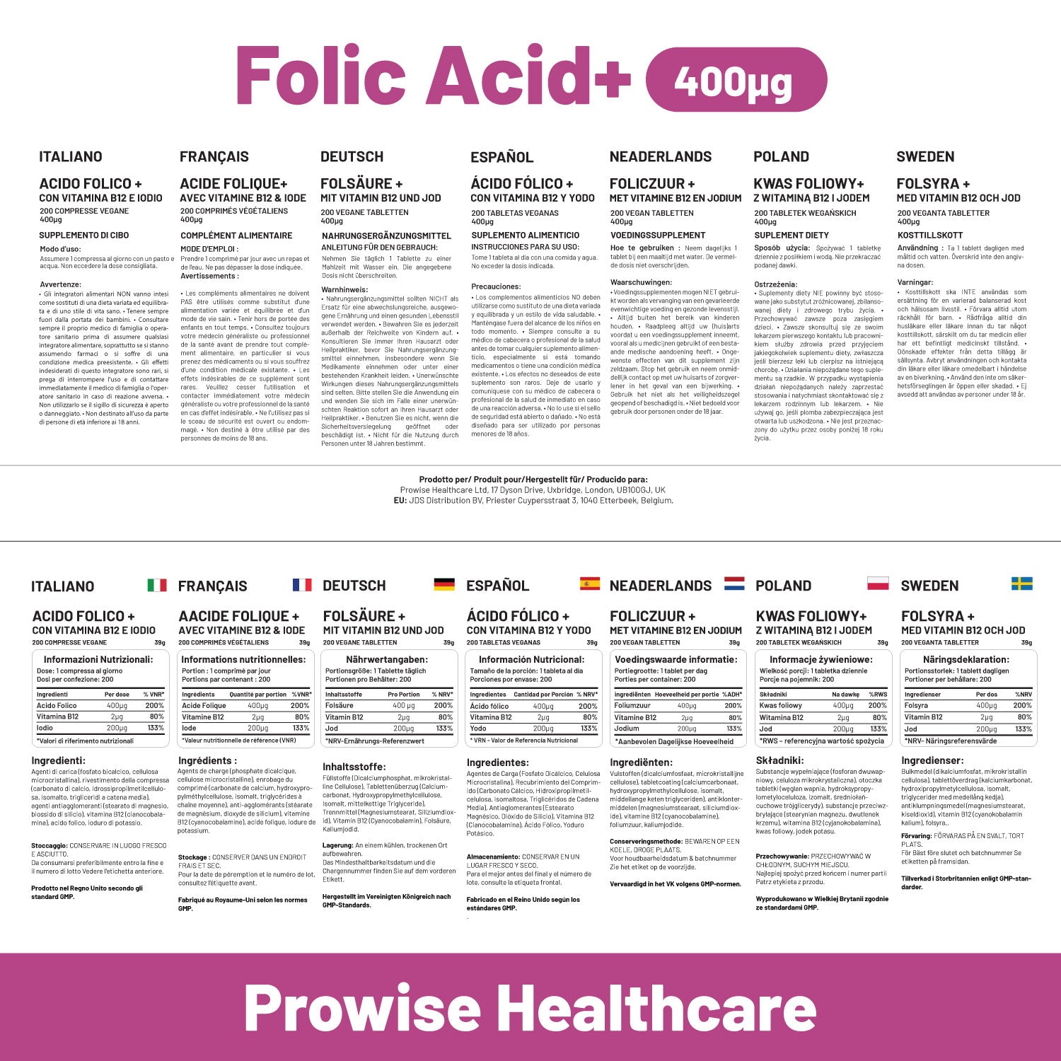 Prowise Folic Acid 400 mcg Tablets, 400 Vegan Vitamin B9 Tablets