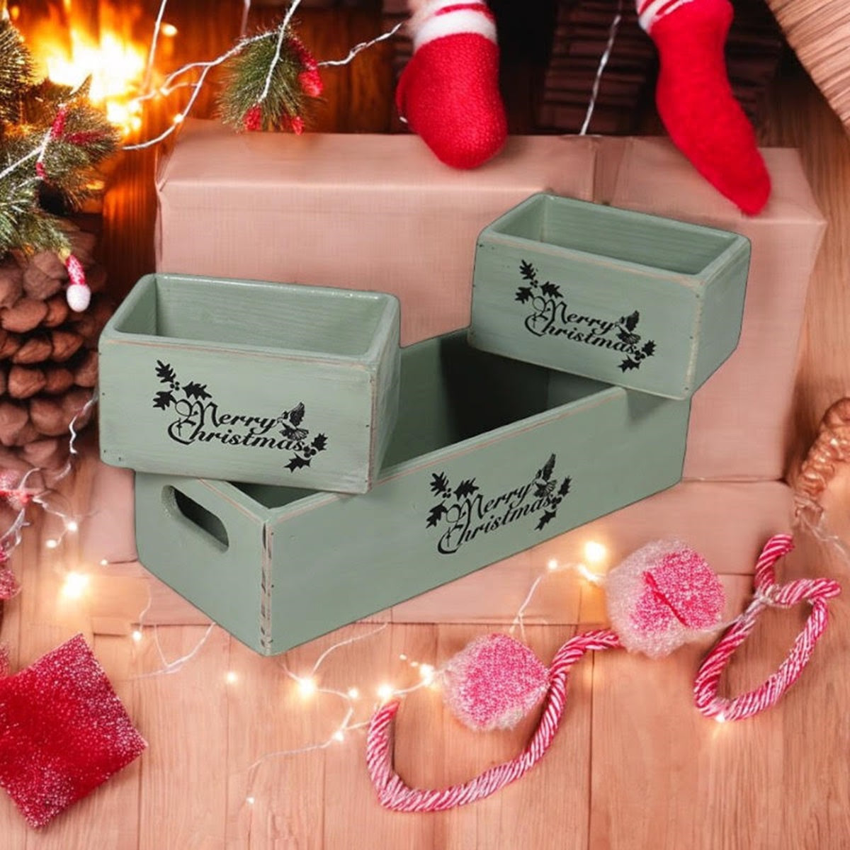 Set of 3 Rustic Green Wooden Christmas Boxes, 34/15/15CM, Hand Finished, Ready to Fill
