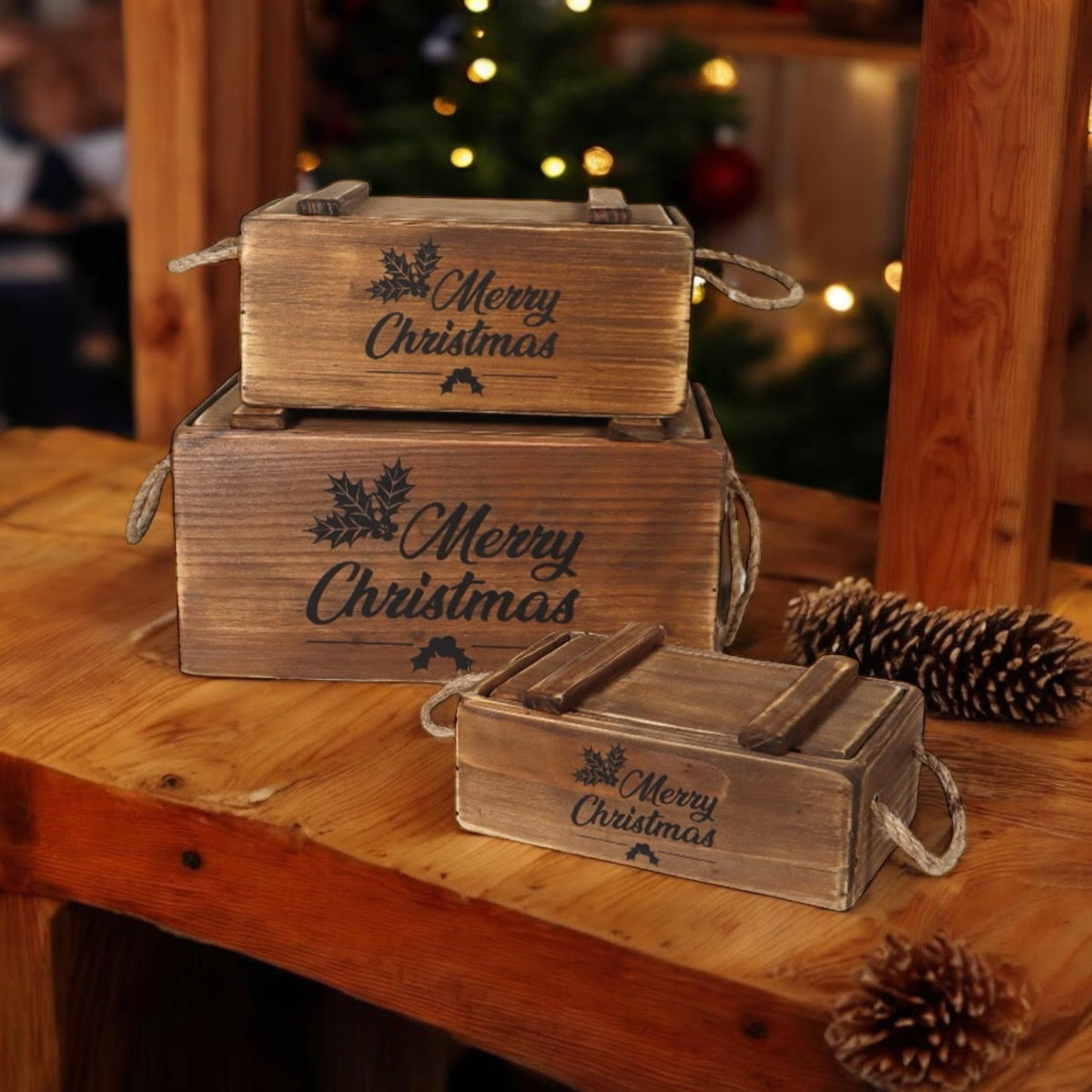 Set of 3 Hand Finished Wooden Christmas Boxes with Lids