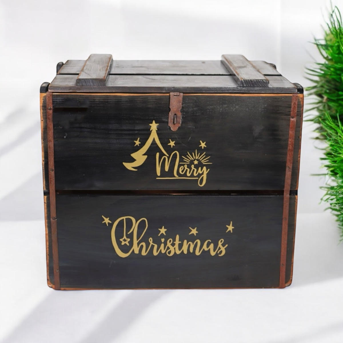 MSL 42cm Black Wooden Christmas Box with Lift-Up Lid, Hand Finished