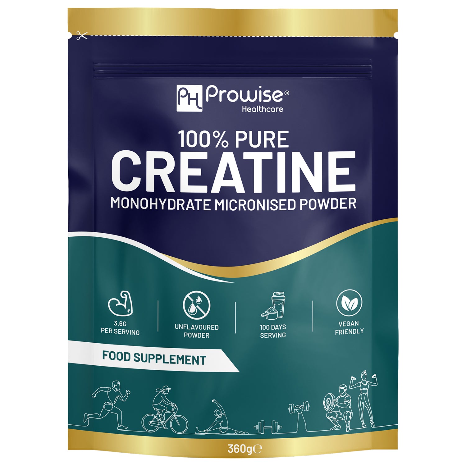Prowise Healthcare Creatine Monohydrate Powder, 100 Servings, 360g Pouch, 100% Pure Micronised, Unflavoured, Vegan