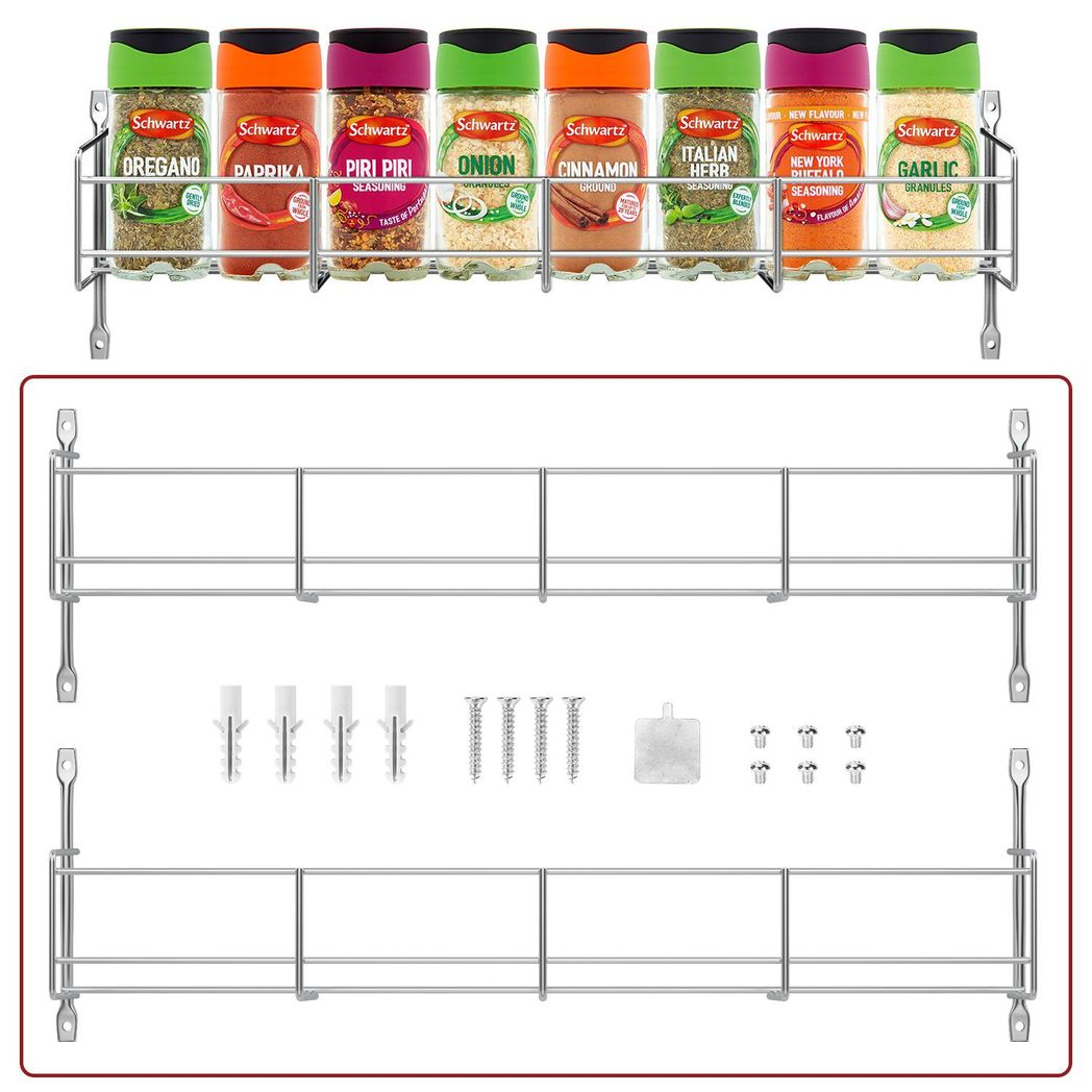 Vinsani 2 Tier Spice Rack Organiser, Wall Mounted Herb and Condiment Storage, Silver, with Adhesive Strips and Screws for Kitchen Cupboard or Pantry