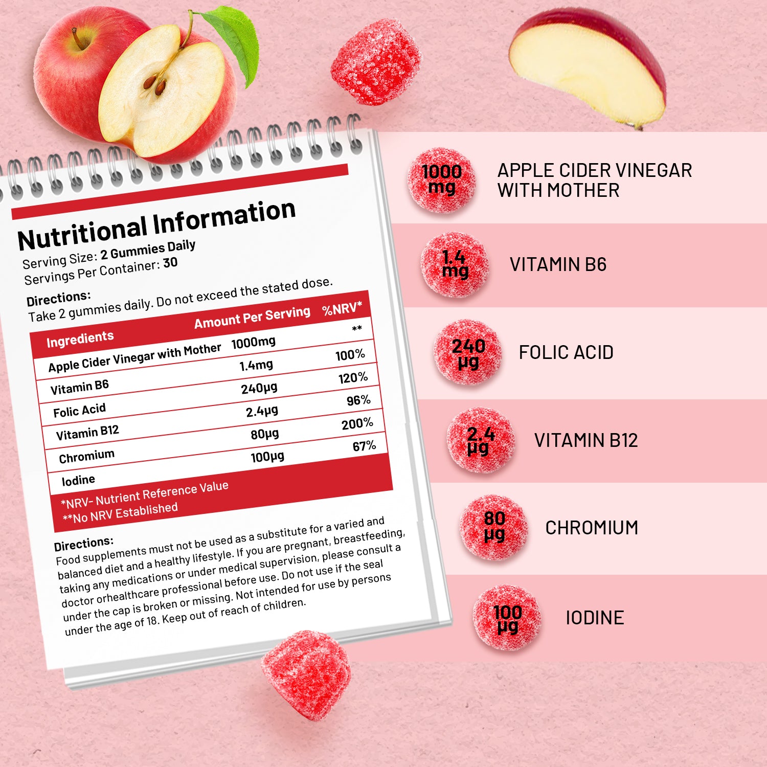 Prowise Healthcare Apple Cider Vinegar Gummies with The Mother 1000mg, Vitamin B12, Vitamin B6, Folic Acid, Chromium & Iodine, 60 Vegan Gummies, Apple Flavour, Made in UK