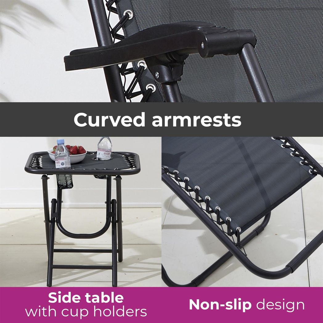 Neo Black Folding Zero Gravity Garden Chair and Table Set with 2 Reclining Chairs and Side Table