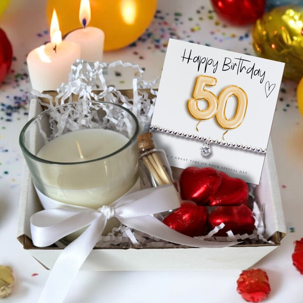 50th Birthday Gold Balloons Gift Hamper with Cubic Zirconia Bracelet, Candle & Milk Chocolate Hearts