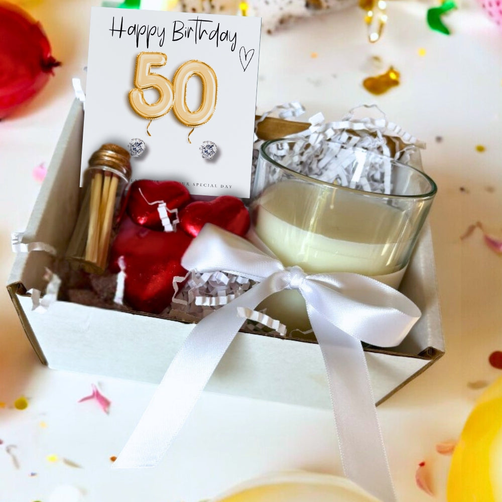 50th Birthday Gold Balloons Gift Hamper with Cubic Zirconia Earrings, Scented Candle, Matches & Chocolate Hearts