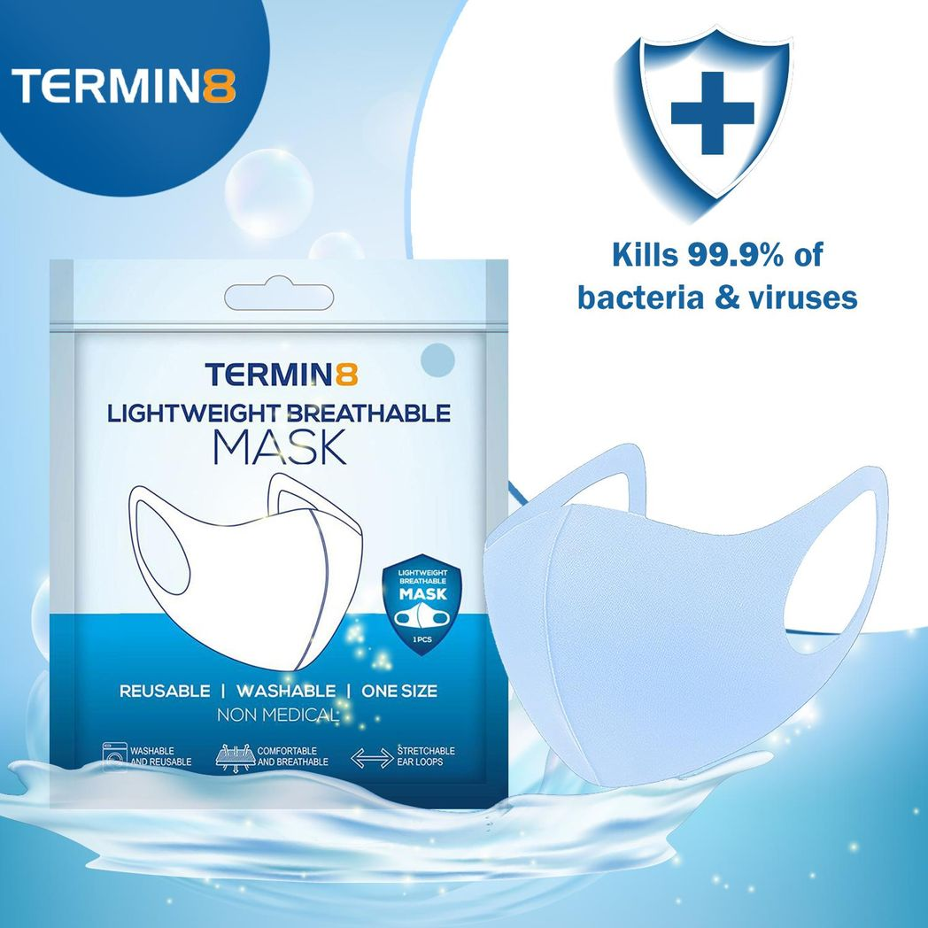 Termin8 Water Repellent Reusable Adult/Teen Face Covering - Water Repellent Reusable Face Coverings (Blue, 1 Pack)