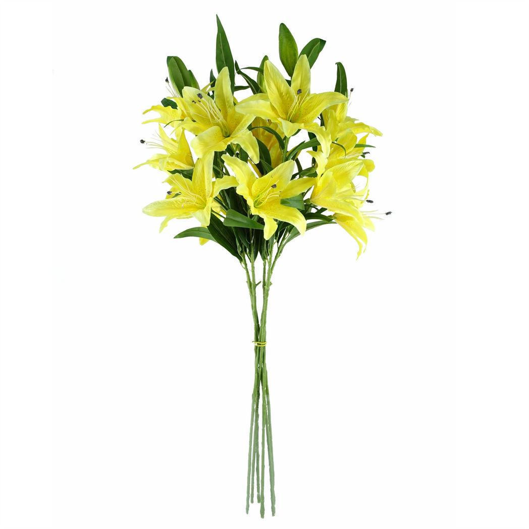 Leaf Pack of 6 Yellow Artificial Lily Stems 100cm, 18 Flowers