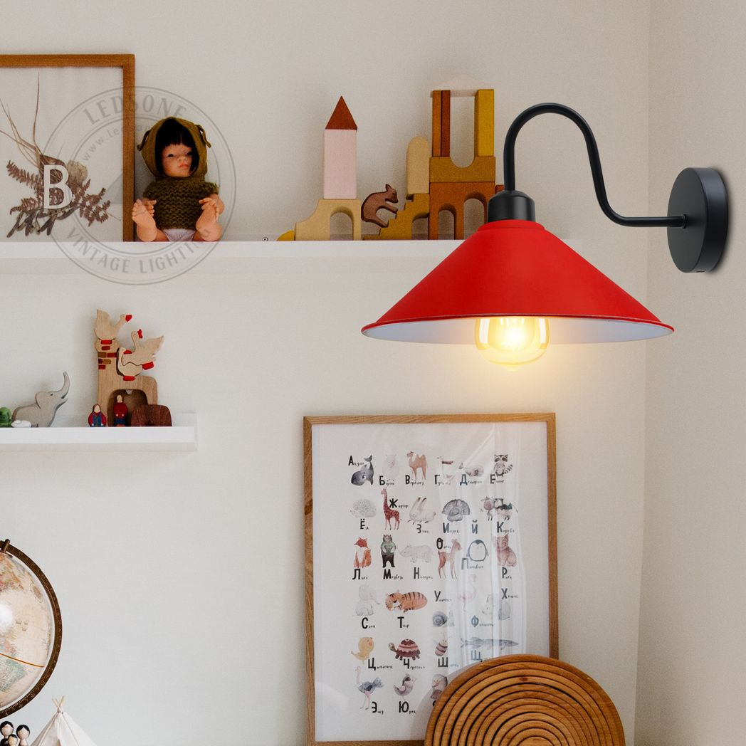 Vintage Metal Wall Sconce Light, E27 Base, Swan Neck Cone Shade