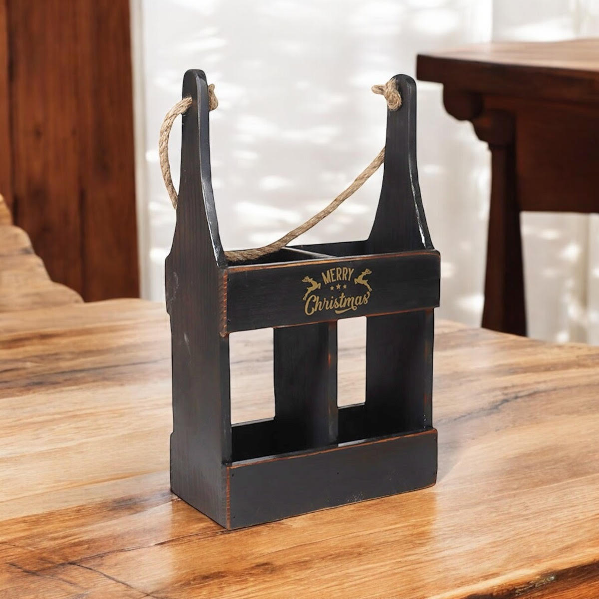 39cm Black Wooden 2 Bottle Hand Finished Wine Caddy