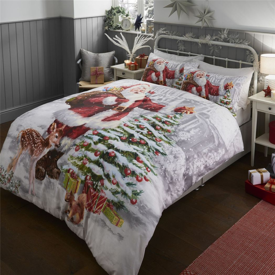 Sleepdown Illustrated Father Christmas Reversible Christmas Duvet Cover and Pillowcase Set Double with Two Pillowcases: Christmas Santa Bedding Set