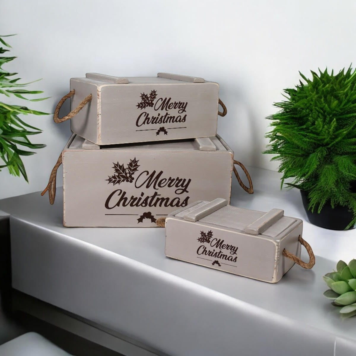 MSL Set of 3 Rustic Grey Wooden Christmas Crates with Lids and Rope Handles, Hand Finished