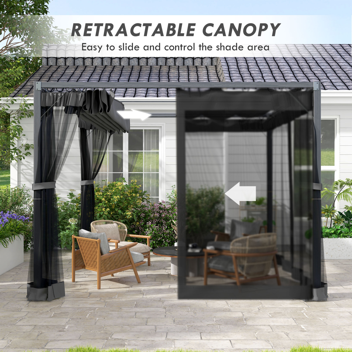 Outsunny 3 x 3 m Dark Grey Pergola with Retractable Roof and Netting