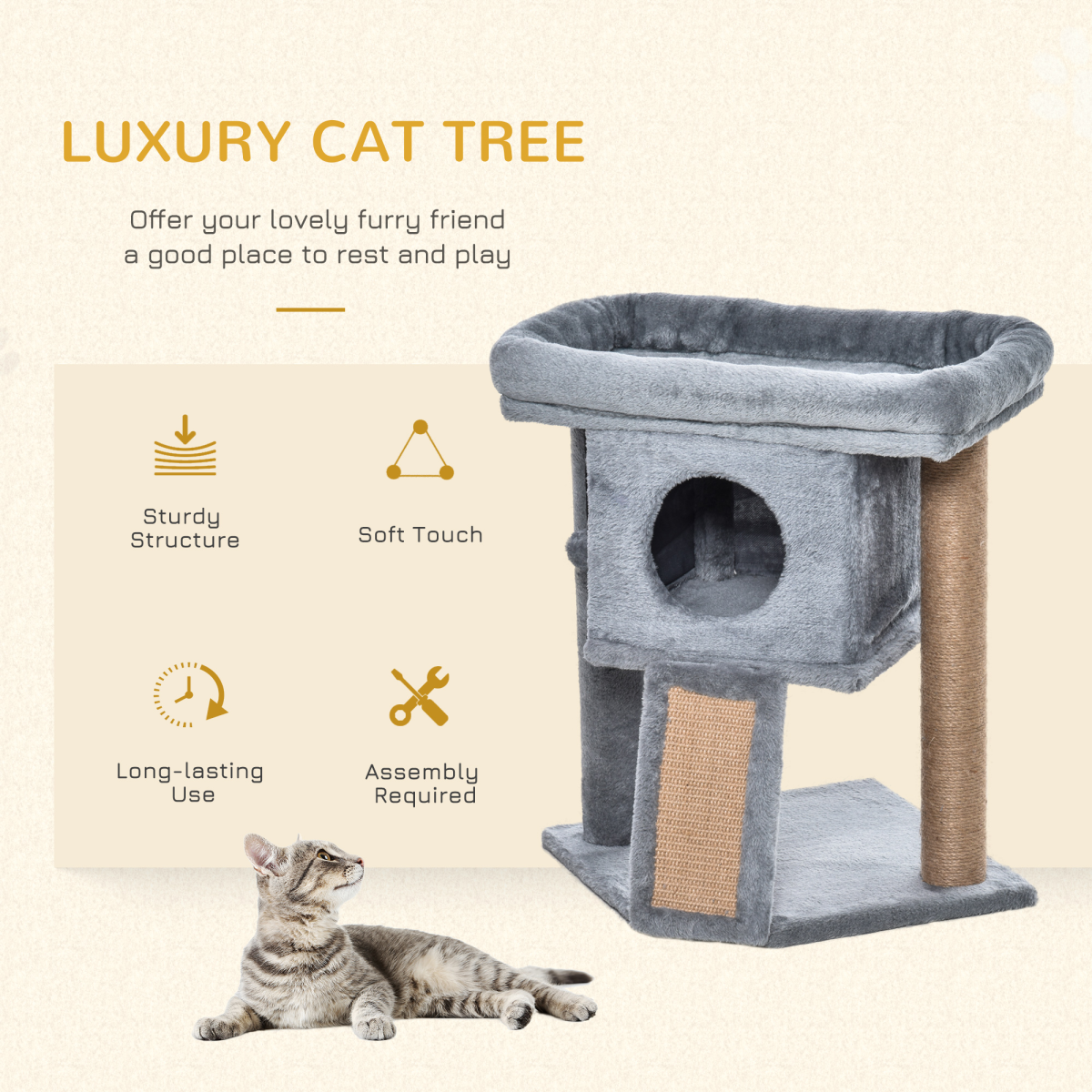 Grey Cat Tree Activity Centre with Scratching Pad, Toy Ball, Cat House and Top Perch
