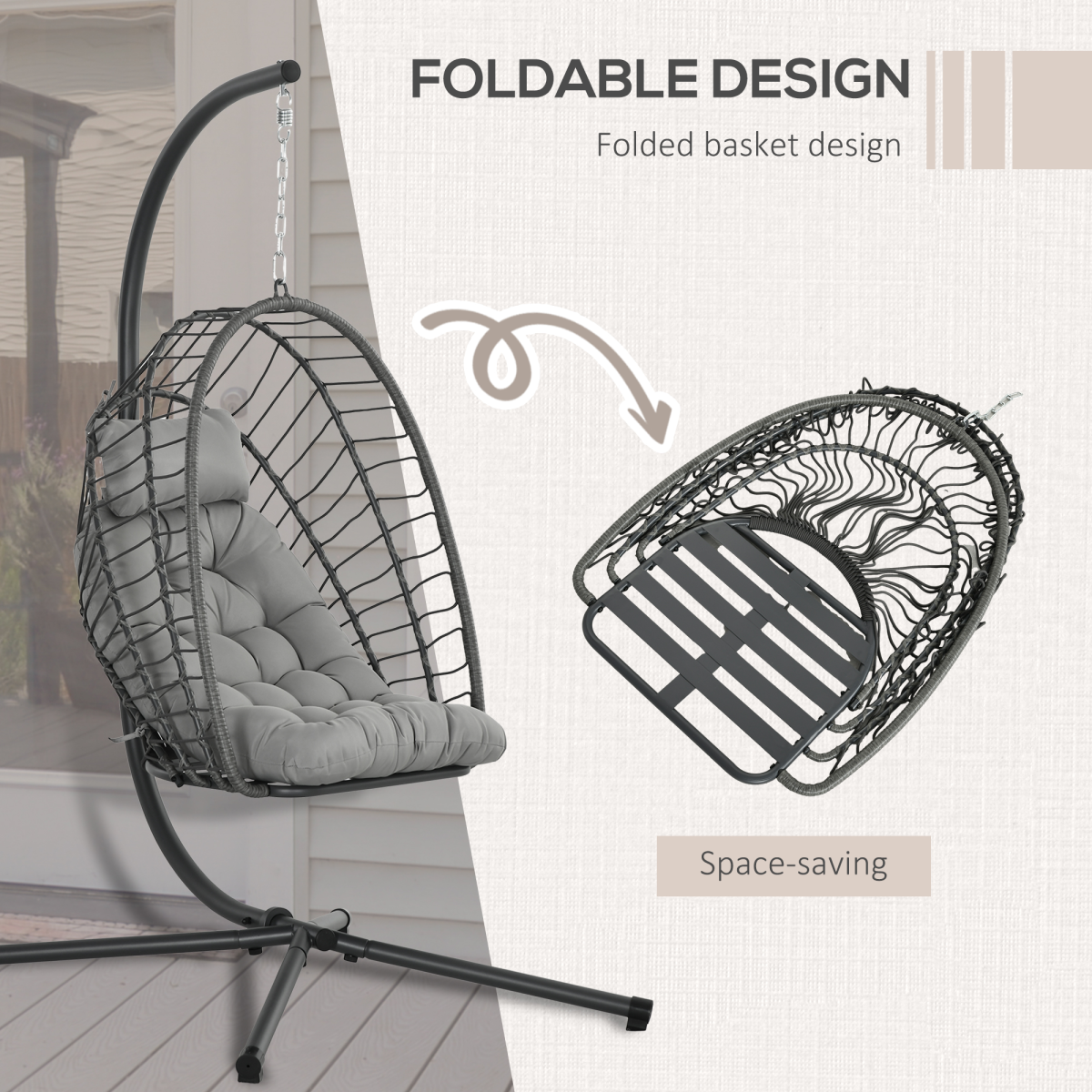 Outsunny PE Rattan Hanging Swing Chair with Thick Cushion, Foldable Basket, Patio Hanging Chair