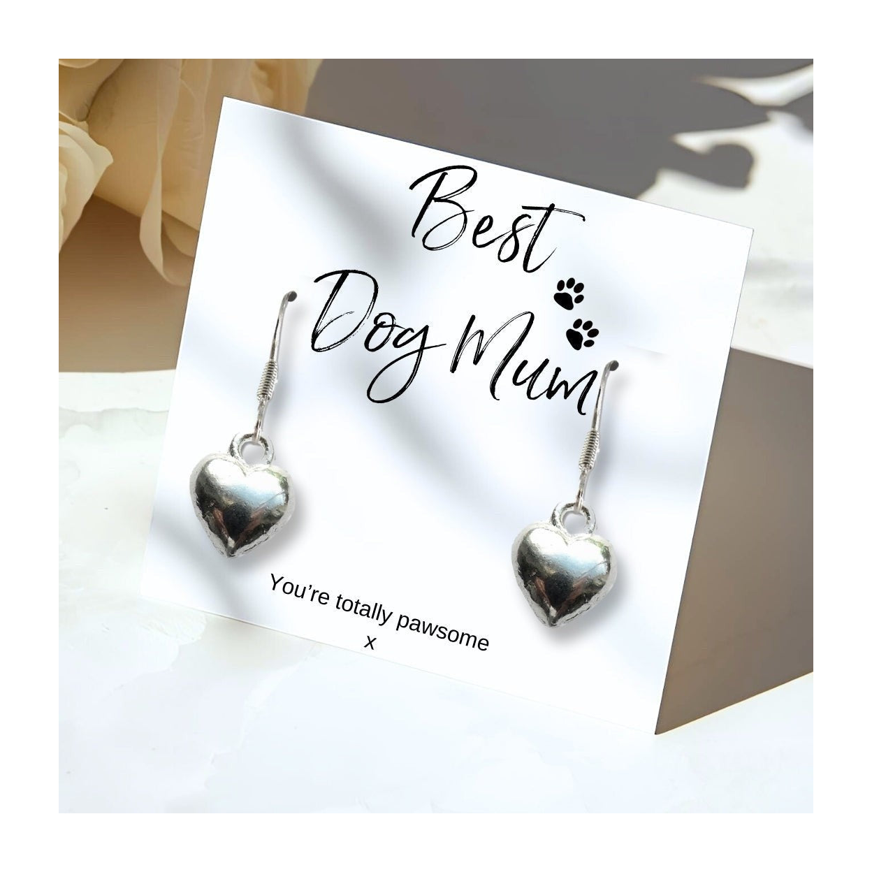 Small Best Dog Mum Gift Hamper Heart Earrings Chocolates & Candle