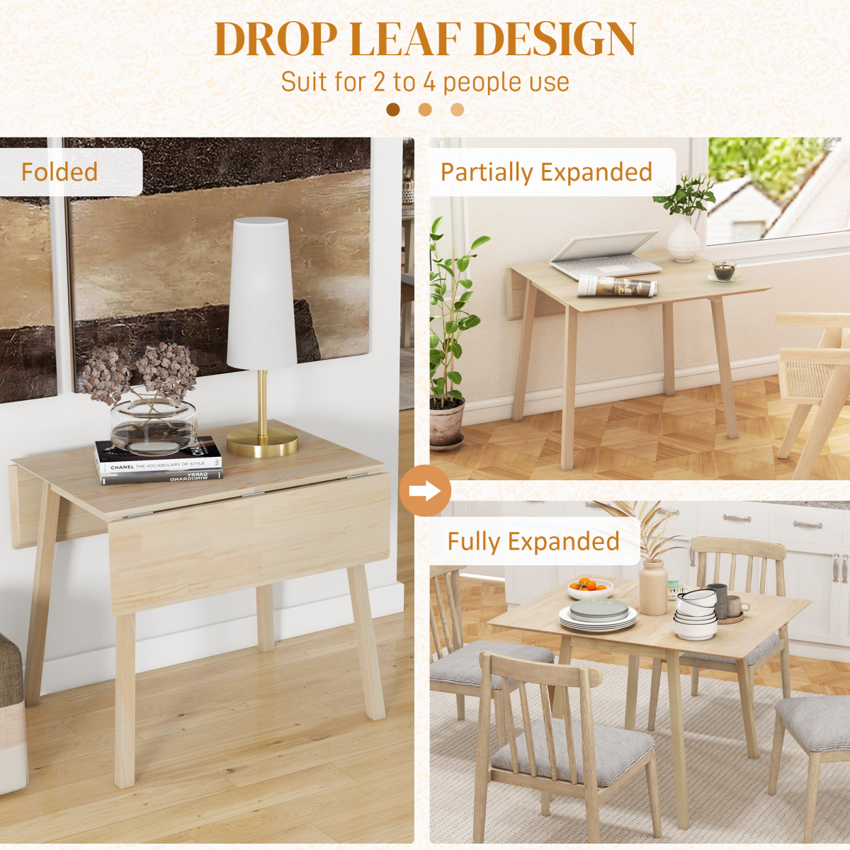 HOMCOM Extendable Pine Wood Drop Leaf Dining Table for 2-4, Natural