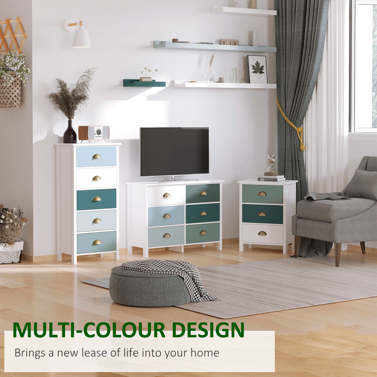 HOMCOM 5-Drawer Chest of Drawers with Bronze-Tone Metal Handles, MDF Structure and Anti-Tipping Straps