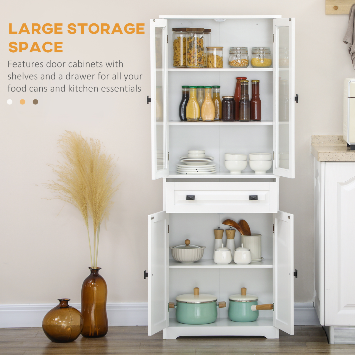 HOMCOM Kitchen Storage Cabinet with Adjustable Shelves, Glass Door, 160cm