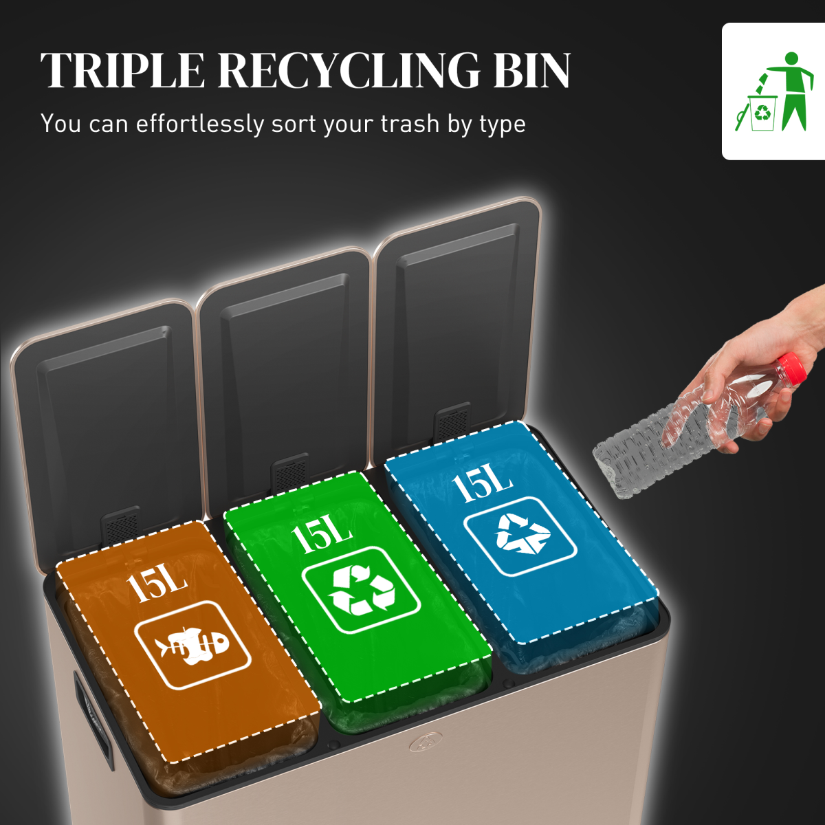 PawHut 3 x 15L Triple Kitchen Recycling Pedal Bin, Gold Tone