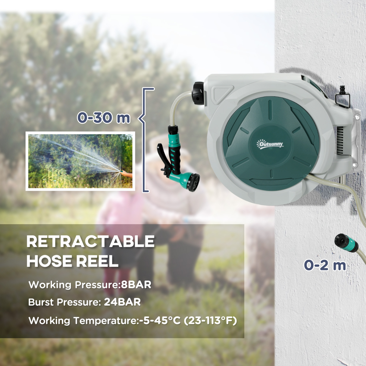 Outsunny Wall Mounted Retractable Hose Reel with Lock, 30m Hose, 180° Swivel, Grey