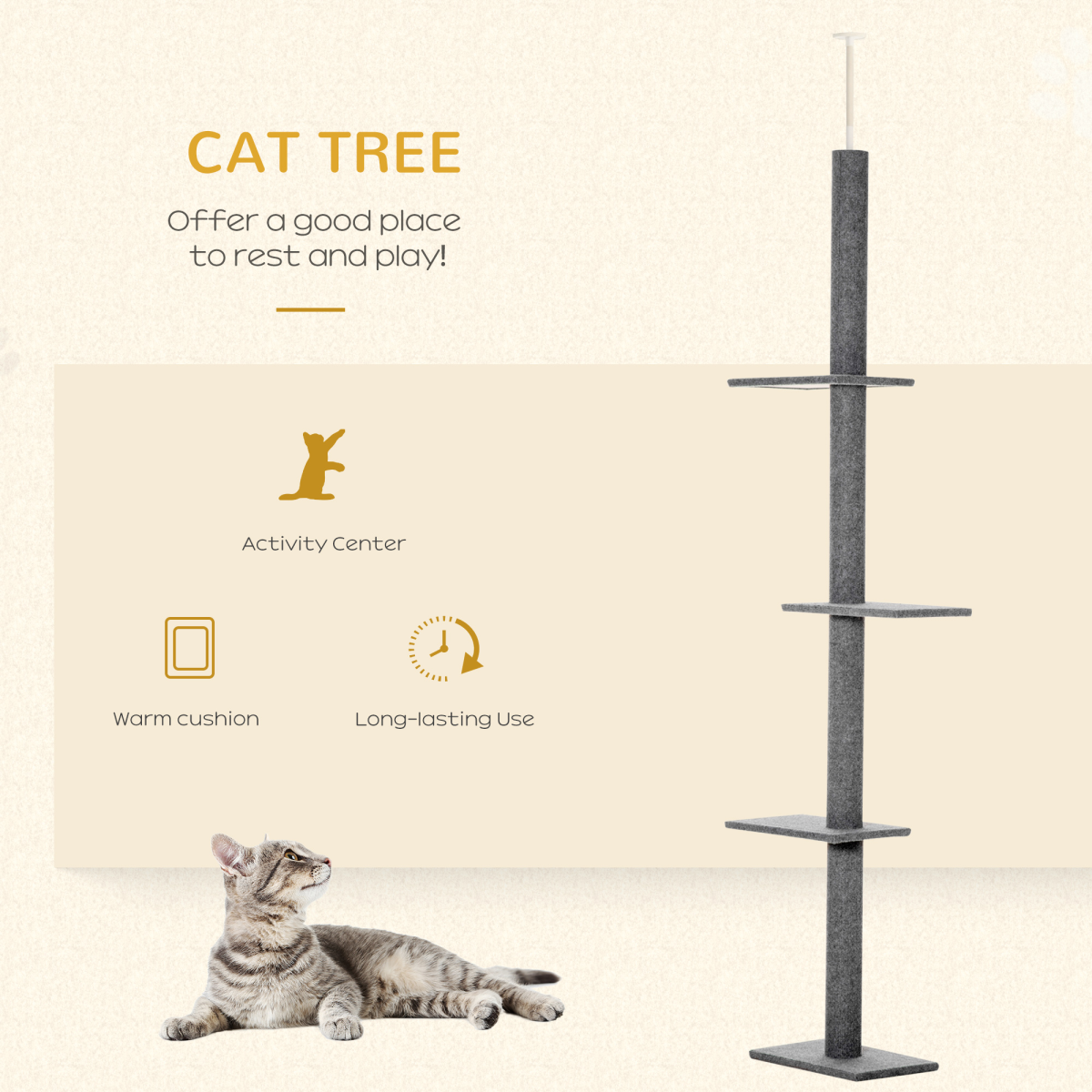 260cm Floor to Ceiling Cat Tree, Adjustable Height Cat Tower, Grey